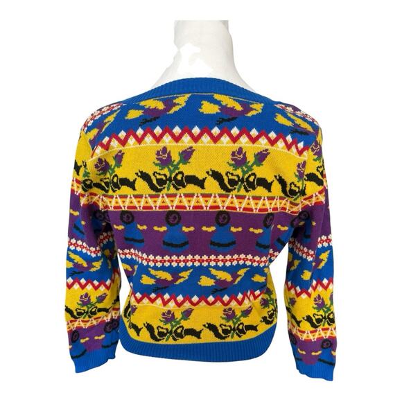 Vintage Betsey Johnson Punk Label Crop Cardigan Alley Cat Fair Aisle Print L Mod - Picture 6 of 16